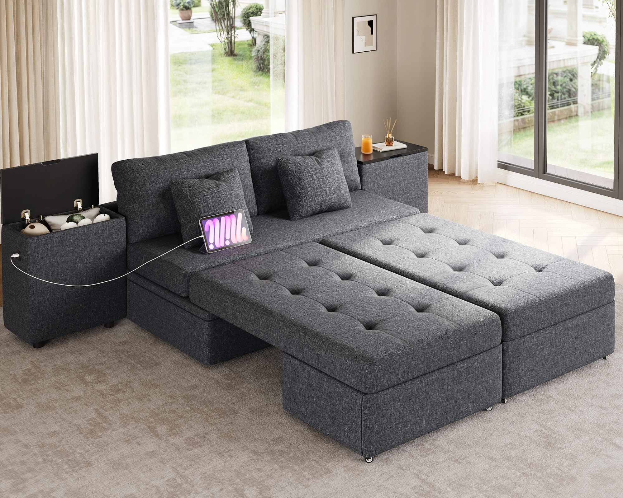 Photo 1 of **SET 4 BOX ** YITAHOME Queen Size Sleeper Sofa, 5-in-1 Convertible Sofa Bed Couch with 2 Storage Cabinets and USB Ports, 100" Sectioanl Sofa Couch with 2 Throw Pillow for Living Room, Grey Linen Fabric