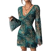 BEAUDRM Women's Paisley Mini Dress Boho Printed Mesh V Neck Bell Long Sleeve Fitted Going Out Dresses