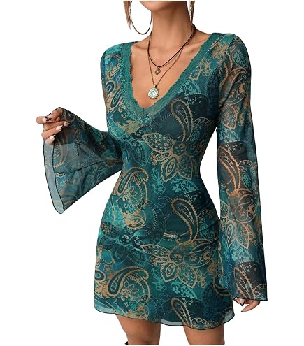 Milumia Women's Floral Long Bell Sleeve Backless Mini Dress Party Date Night Going Out Dresses Blue and White X-Small at Amazon Women's Clothing store