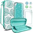 TIKOdirect Carrying Case for Switch lite, Shockproof Portable Travel Bag with Glitter Galaxy Cover, Screen Protectors and Cute Leaf Thumb Grips Caps, Animal Crossing Green