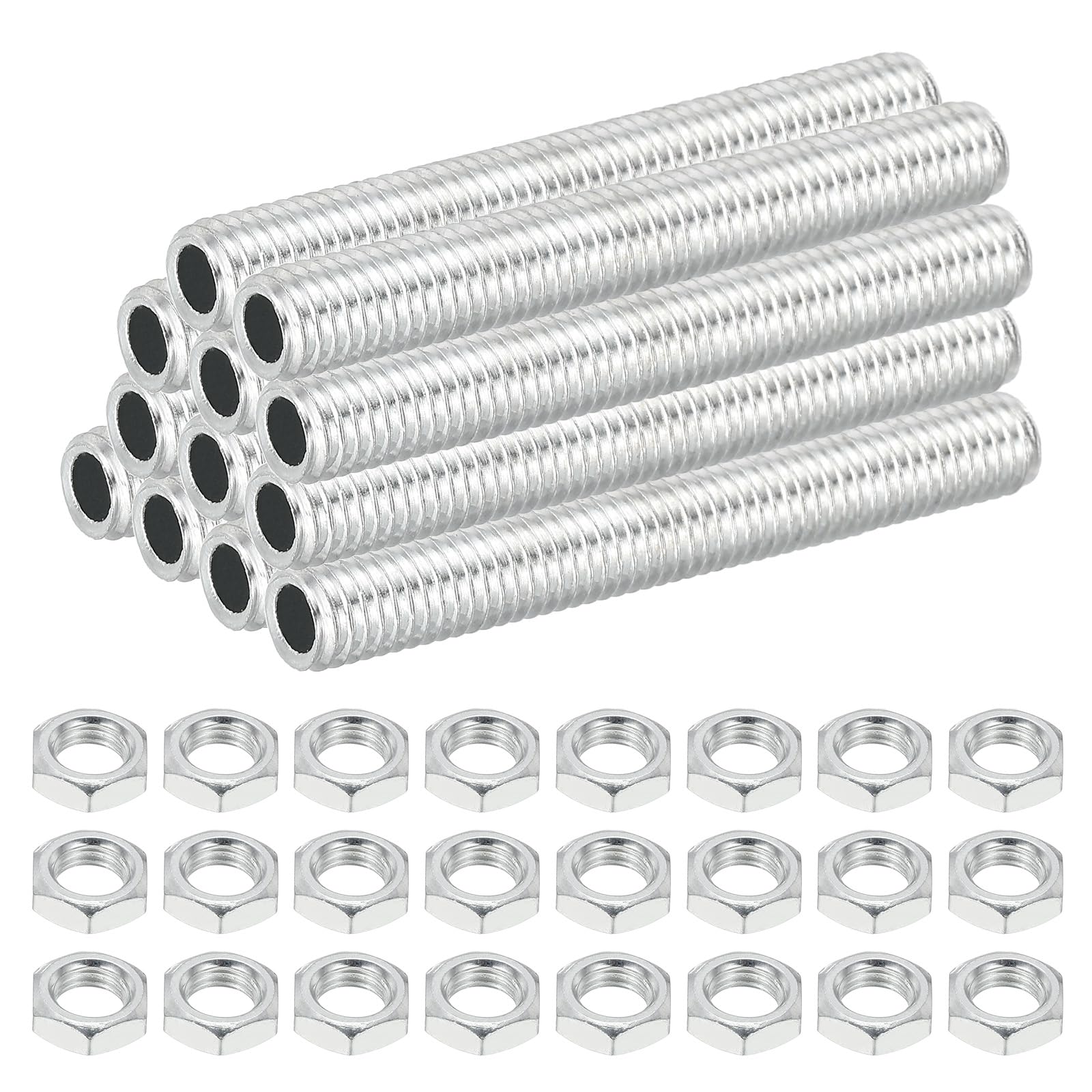 PATIKIL M8 Fine Thread Carbon Steel Lamp Pipe With Nut, 12 Set 60mm/2.36" Hollow Tube Thread Adapter Fasteners Hardware for Lamp Lights Chandelier Ceiling Light DIY, White Zinc Plating