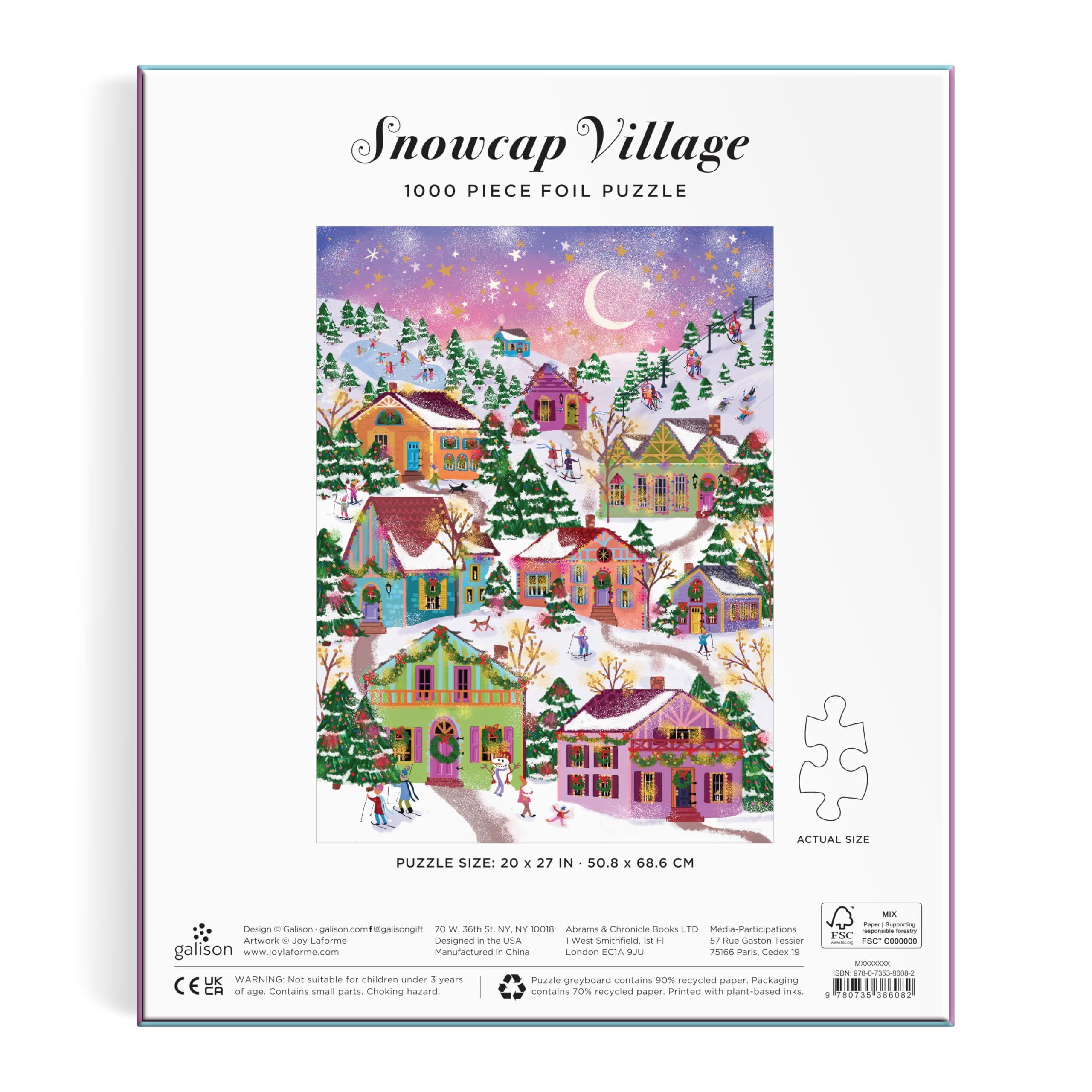 Galison Snowcap Village – 1000 Piece Foil Joy Laforme Jigsaw Puzzle Featuring Beautiful Artwork of Snowcapped Village During Christmas