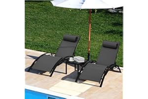 AthLike 3 pcs Poolchairs Patio Chaise Lounge Set with Headrest, 5-Level Adjustable Sunbathing Tanning Poolside Recliner Chairs with Side Table for Outdoor Beach (Black, 2 Chairs and 1 Table)