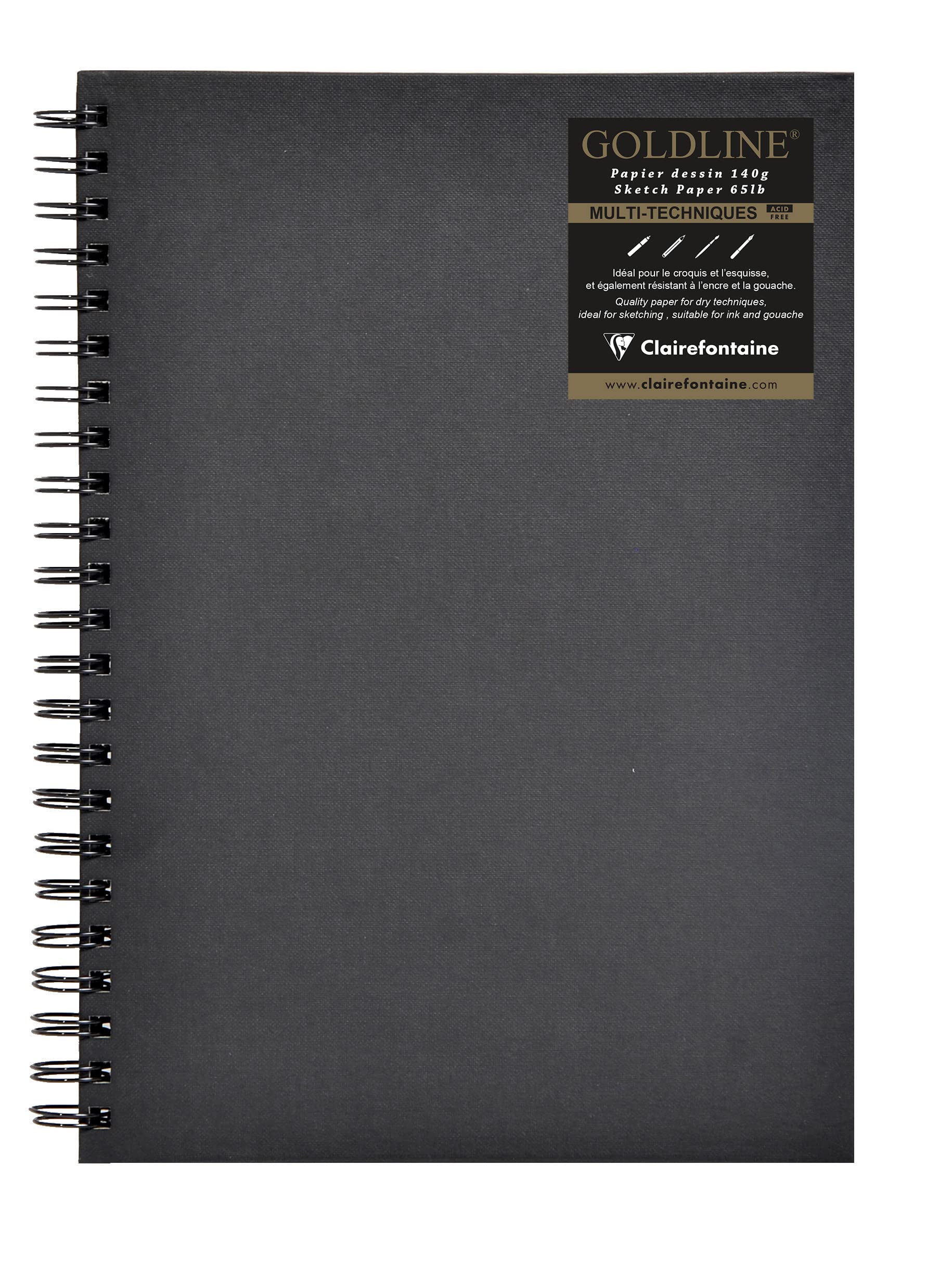Clairefontaine - Ref 34265C - Goldline Wirebound Pad (64 Black Sheets) - A4 Size, 140gsm Paper, Portrait Layout - Black Cover - Suitable for Dry Techniques