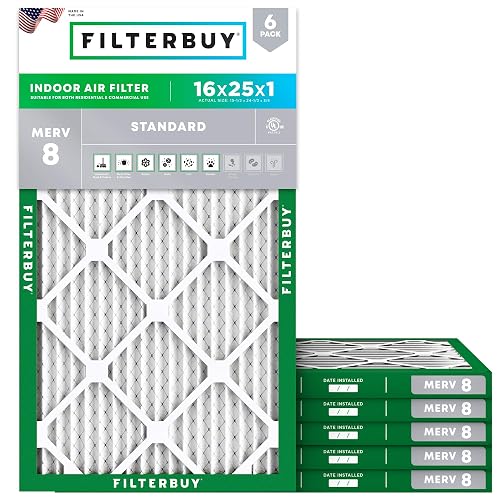 Filterbuy 16x25x1 Air Filter MERV 8 Essential Dust & Allergy Defense (6-Pack), Electrostatic Pleated HVAC AC Furnace Filters Replacement, Made in USA (Actual Size: 15.50 x 24.50 x 0.75)