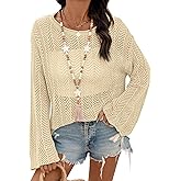 Dokotoo Womens Summer Crochet Hollow Out Sweater Bell Sleeve Beach Coverup Casual Pullover Shirt Tops Vacation Outfits