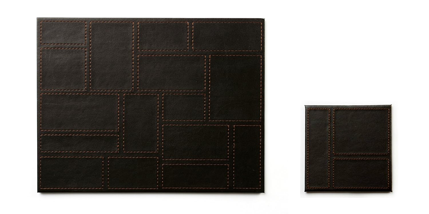 Inspire Luxury Patchwork Placemat and Coaster, Faux Leather, Brown, Set
