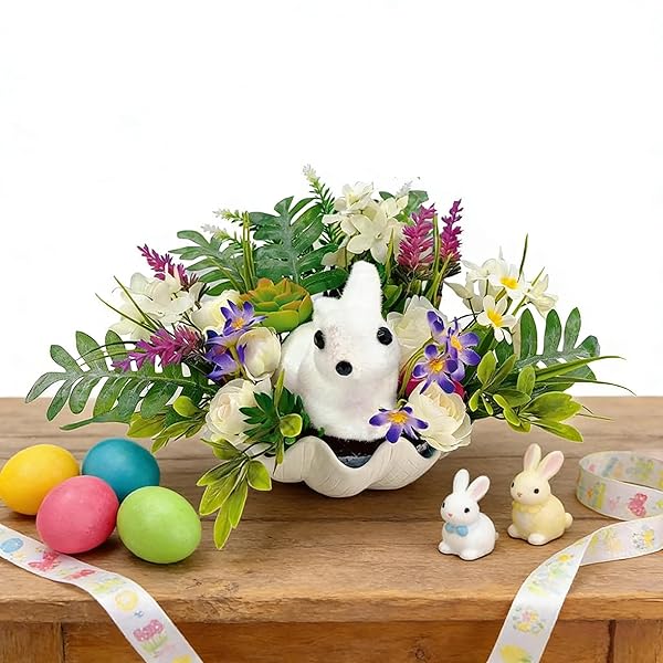 PCALYR 16 INCH ARTIFICIAL EASTER BUNNY FLORAL ARRANGEMENT, PLUSH BUNNY EASTER DECOR,BUNNY WITH FLOWER ORNAMENT,HOME DECOR FOR TABLE, MANTEL, INDOOR SPRING DECOR