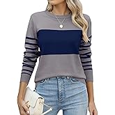 LOMON Womens Sweaters Long Sleeve Crew Neck Striped Color Block Sweaters Fall Fashion Knit Pullover Tops
