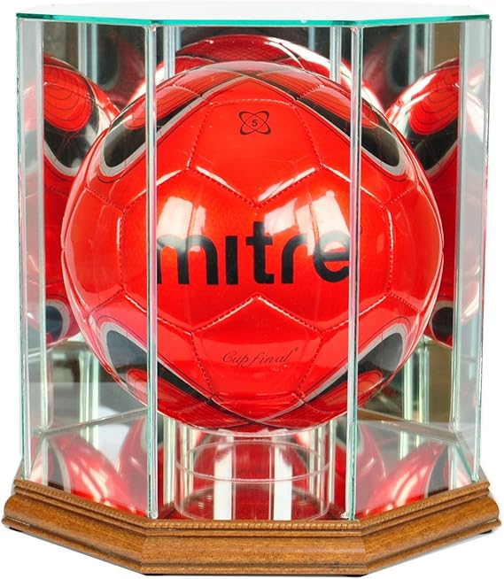 Glass Soccer Ball Display Case with Mirror Back Walnut