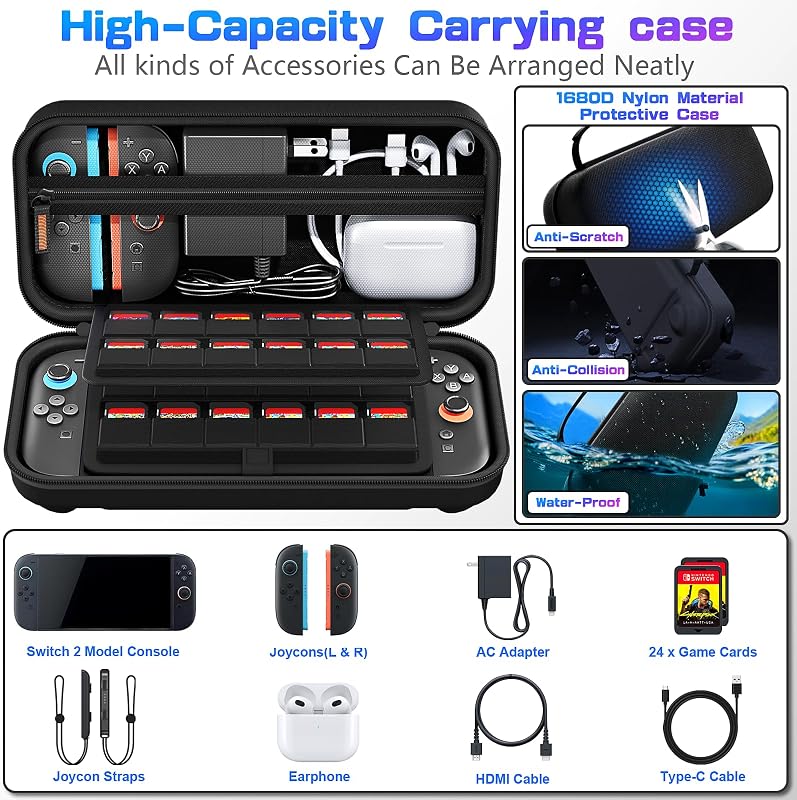 Funda Compatible con Nintendo Switch 2 Consola, Funda de Transporte Dura para Nintendo Switch 2, Funda Protectora con Almacenamiento para 20 Juegos, Consola y Accesorios, Color Negro