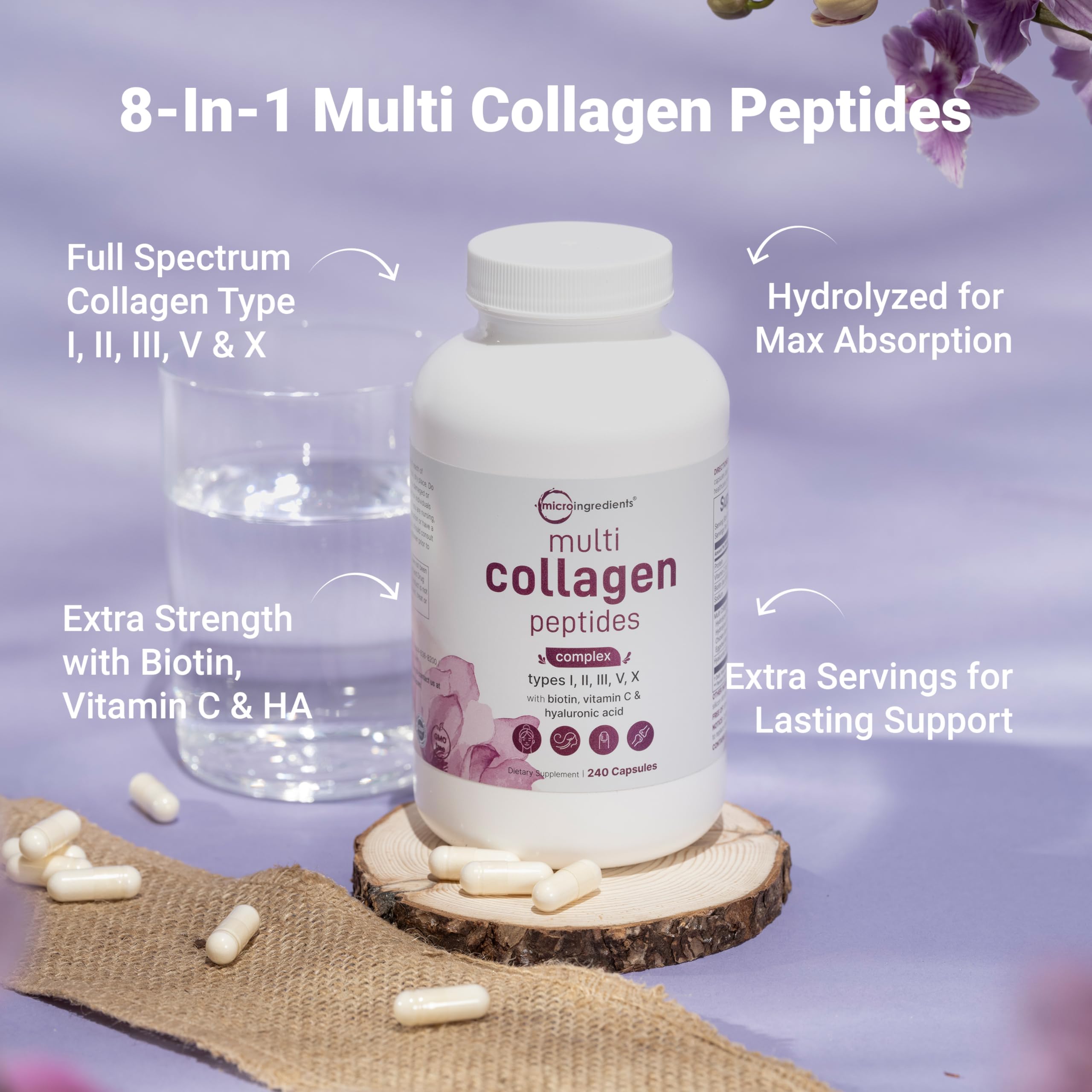 Micro Ingredients Multi Collagen Pills for Women & Men, 240 Capsules | Type I, II, III, V, X - Hydrolyzed Collagen Peptides with Biotin, Hyaluronic Acid & Vitamin C | Hair, Skin, Nail & Joint Support