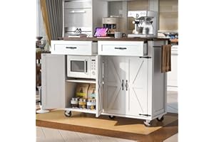MEETFAV 53.5'' Farmhouse Mobile Kitchen Island with Power Outlet, Drop Leaf, Spice Rack and Drawer - Rolling Cart with Ample Storage, Rustic Storage Islands for Home and Dining Room