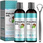 2 Packs Coconut Oil Pulling,Natural Teeth Whitening Mouthwash 16 fl oz | Ayurvedic Oral Rinse for Healthy Gums &amp; Fresh Breath, Alcohol &amp; Fluoride Free Deep Cleaning Mint Formula with Tongue Scraper