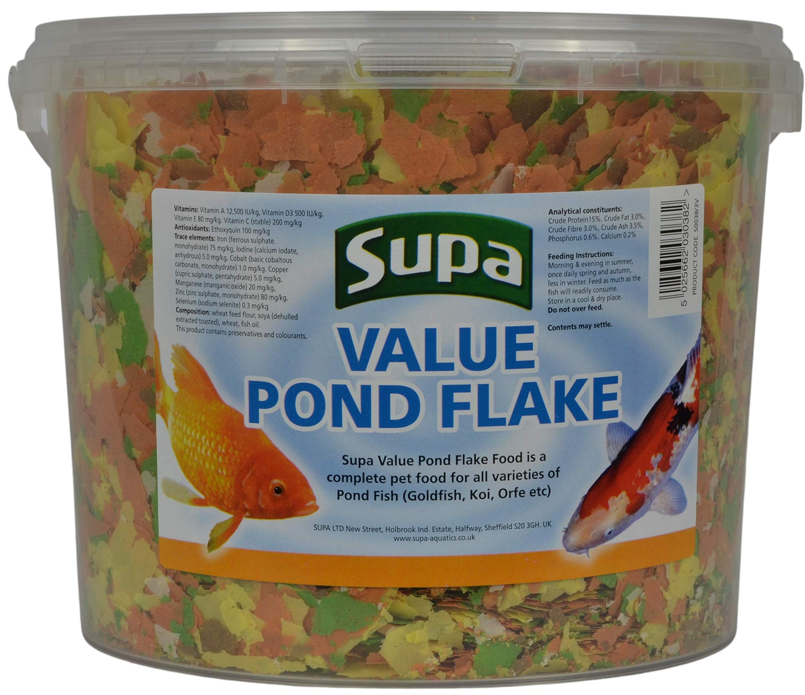 Supa Value Pond Flake Fish Food, 3 Litre Bucket | Premium Quality Goldfish, Koi & Coldwater Pond Fish Food | Provides A Nutritional Balanced Diet | Comes in a Resealable Bucket to Keep the Feed Fresh
