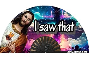 PandaTak Pride Festival Handheld Fan – Large 13" Bamboo Hand Fan Foldable with UV Reactive Ink – Funny Rave Accessory for Parties, Concerts, and Festival Outfits (Jesus v2.0)