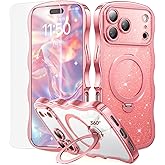 3 in 1 for iPhone 17 Pro Max Case with 360° Spin Magnetic Stand, 1X DIY Glitter Cardstock +1X Screen Protector, [Fit for Magsafe]Cute Wavy Trendy Glossy Clear Phone Cover for Women Girls 6.9", Pink