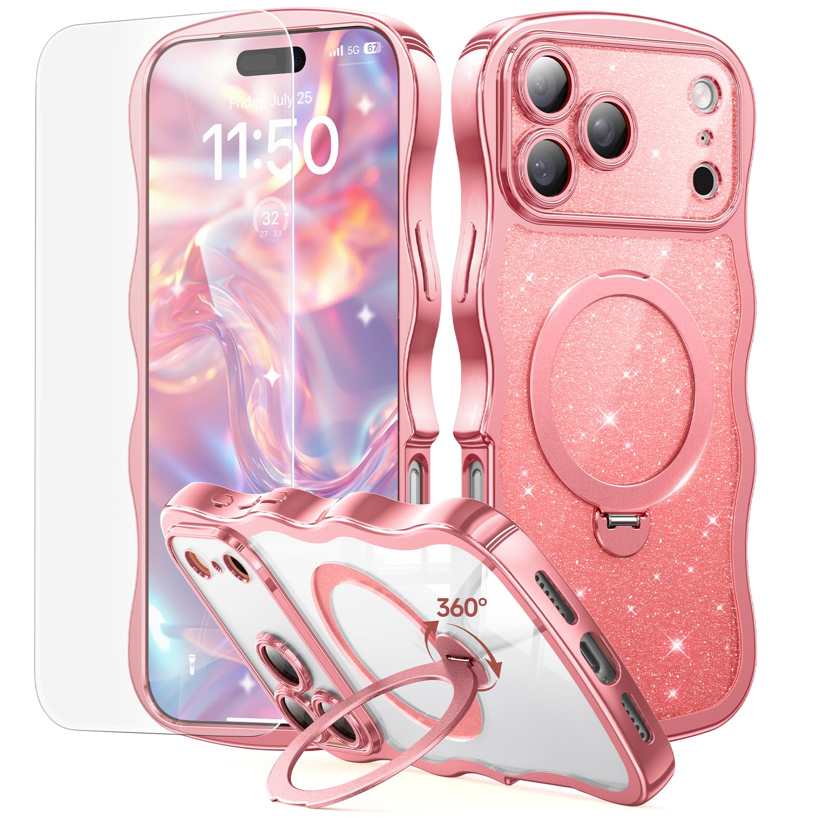 3 in 1 for iPhone 17 Pro Max Case with 360° Spin Magnetic Stand, 1X DIY Glitter Cardstock +1X Screen Protector, [Fit for Magsafe]Cute Wavy Trendy Glossy Clear Phone Cover for Women Girls 6.9", Pink