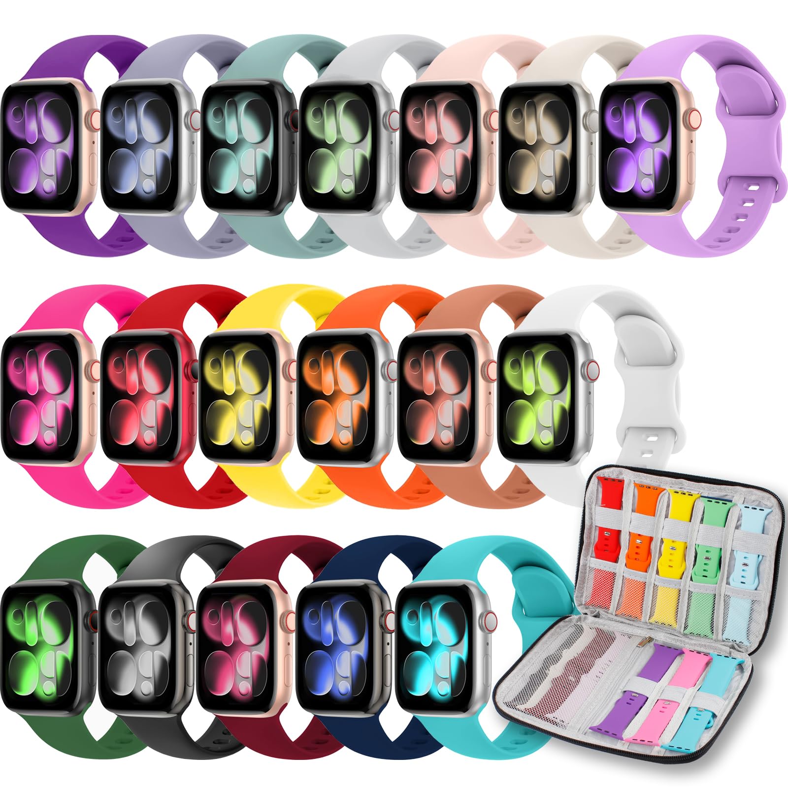 18 Pack Compatible with Apple Watch Bands for Women Men 40mm 41mm 38mm 46mm 45mm 44mm 42mm 49mm, Sport iWatch bands with Storage Organizer for iWatch Ultra Series 11 10 9 8 7 6 5 4 3 2 SE 3nd