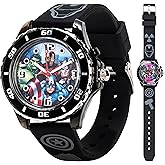 Marvel Avengers Adventure Analog Quartz Kids' Watch with Flashing LED Lights - Superhero Icons Band, Japanese Movement, Black