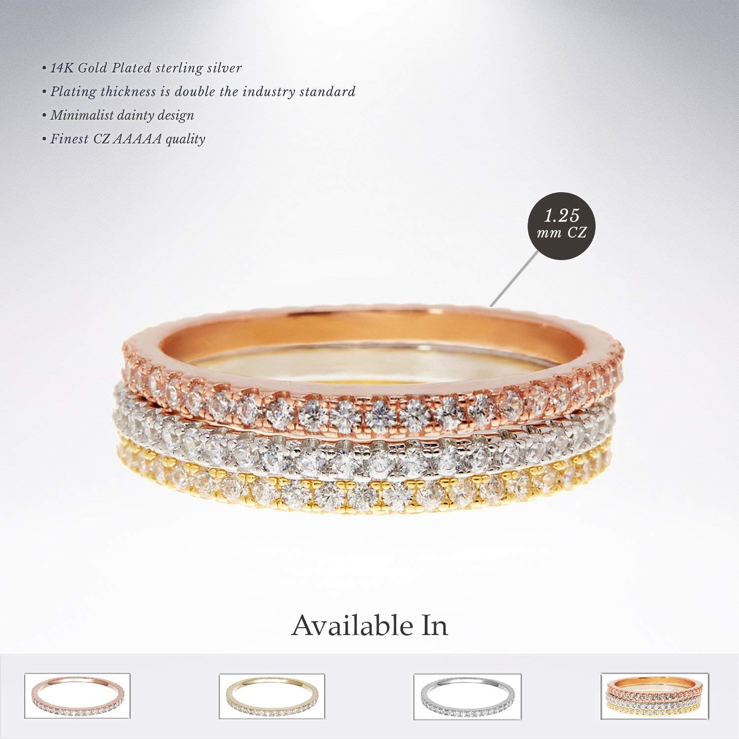 PAVOI 14K Gold Plated Sterling Silver CZ Simulated Diamond Stackable Ring Eternity Bands for Women, Rose Gold, 8 - Image 3