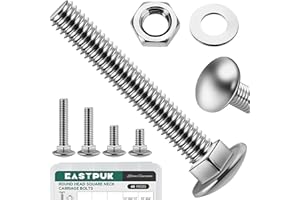 EASTPUK 60Pcs 1/4-20 Carriage Bolts Assortment Kit with Nuts and Washers, 304 Stainless Steel Round Head Square Neck 1/4 Carriage Bolts and Nuts Kit, Full Thread for Outdoor