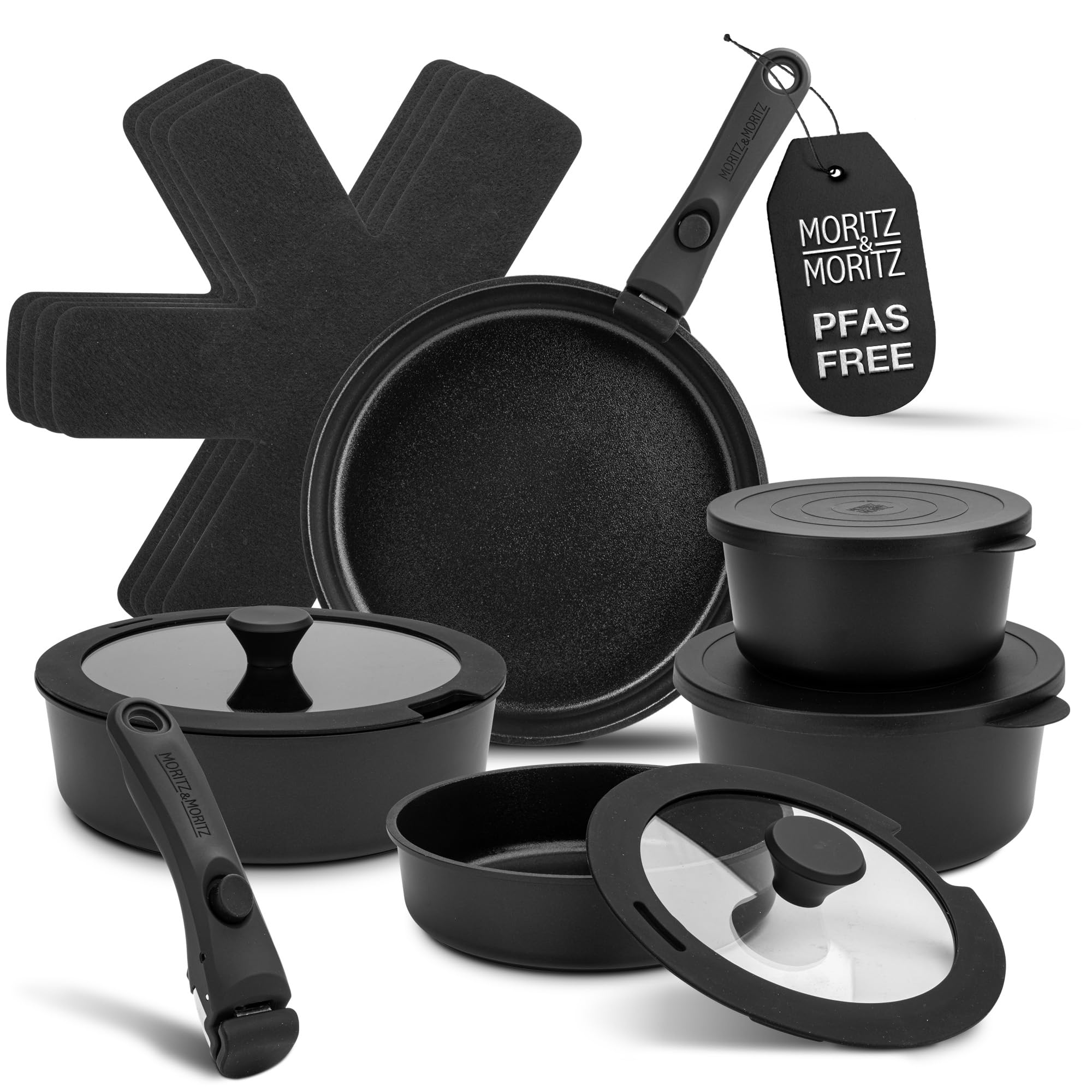 Photo 1 of 15-Piece Cast Aluminum Nonstick Cookware Set | Stackable Pots & Pans with Removable Handles, Granite Coating, Induction Compatible, Space-Saving, Black