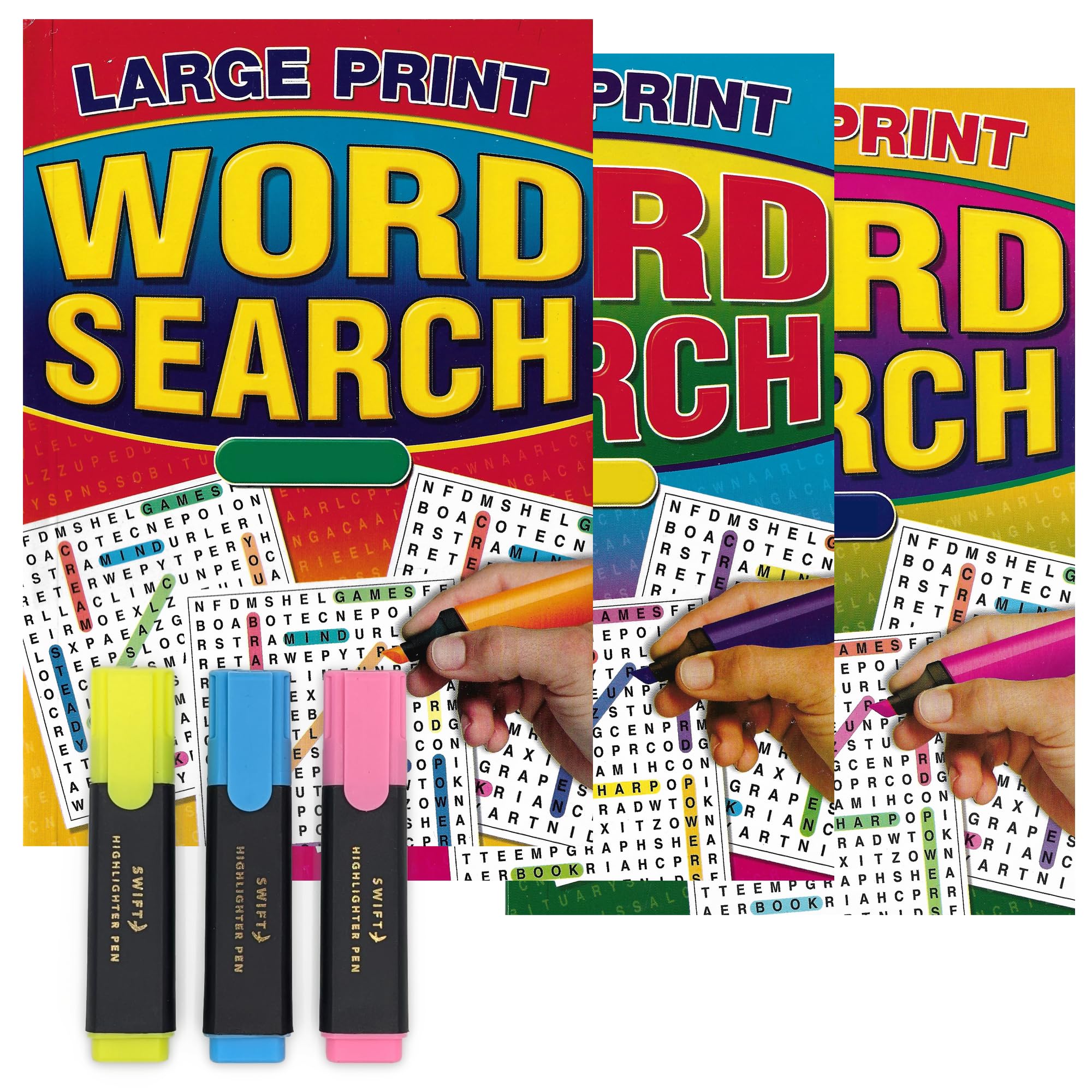 ihoot A5 Large Print Word Search Books for Adults and Highlighters Bundle | 3x Wordsearch Puzzle Books for Adults with 3x Highlighter Pens | Adult Activity Book, Brain Teasers - 70+ Puzzles Per Book