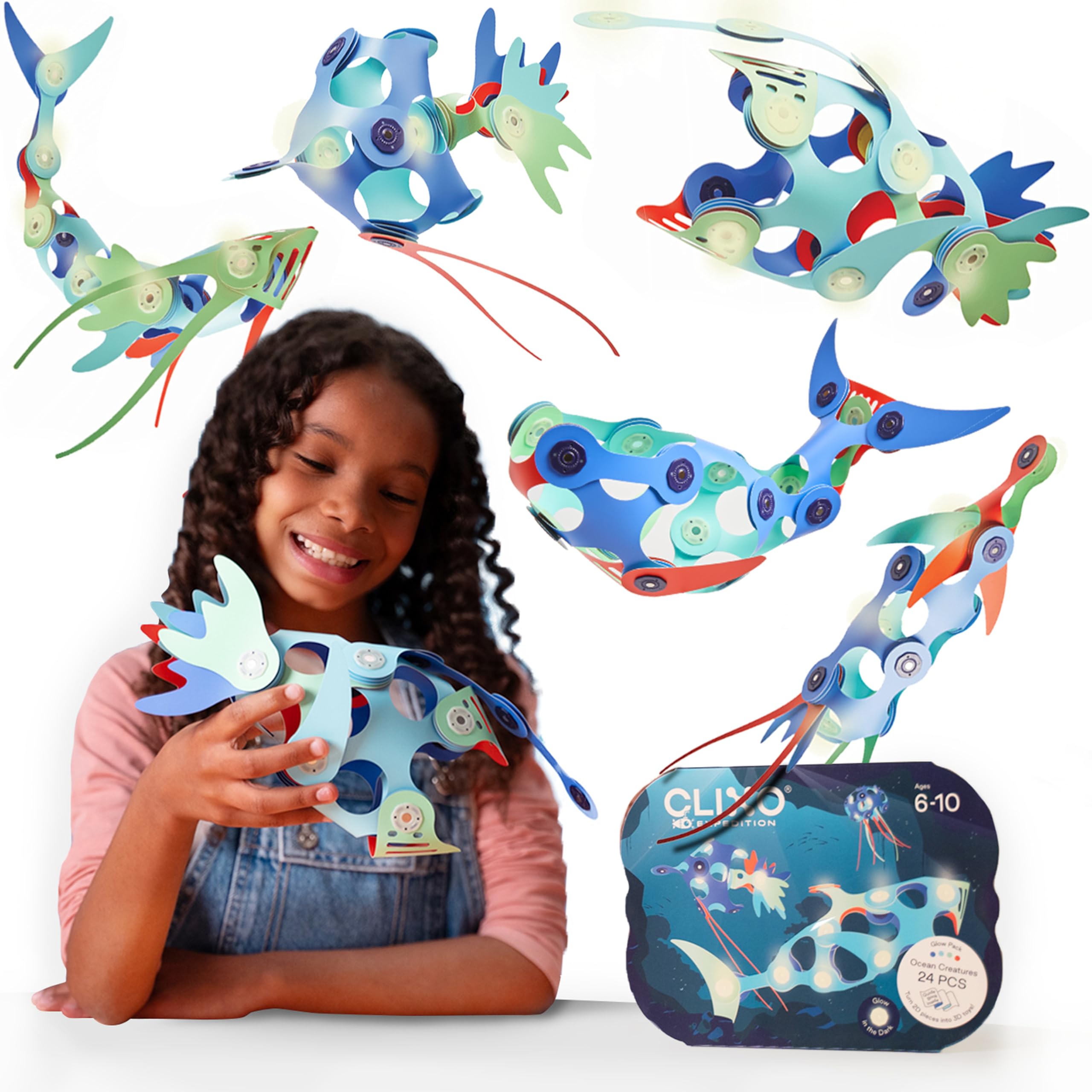 Clixo - Ocean Creatures Pack, Magnetic Tiles for Kids - Magnetic Game with 24 Ocean Coloured Pcs - Children's Games, Shapes, Construction Toys for Boys and Girls - For Ages 6+ - 24 Pcs