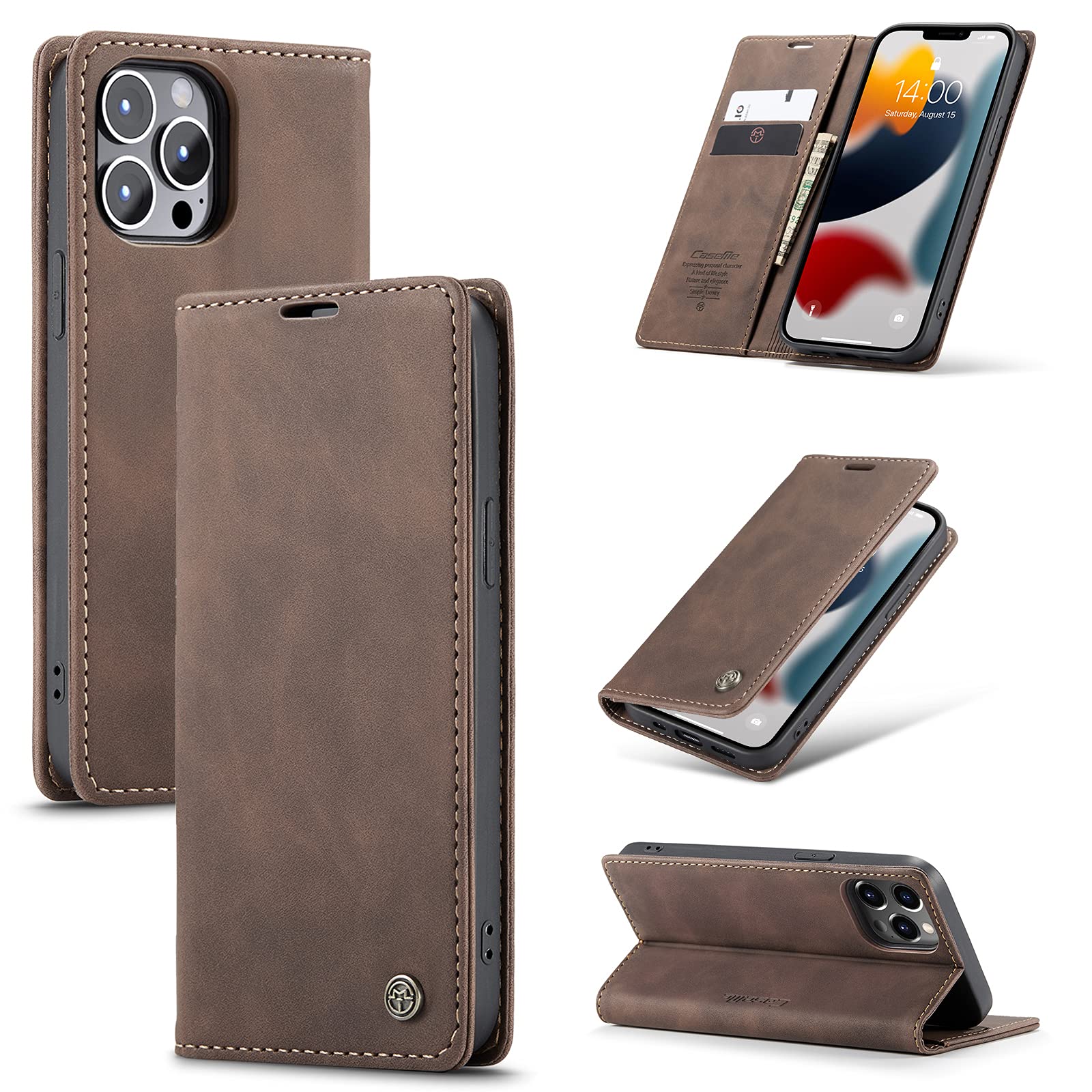 UFinetech Case for iPhone 13 Pro, Shockproof Anti-scratch Cover with iPhone 13 Pro (6.1”), Leather TPU Slim Soft Flip Folio Magnetic Closure Kickstand Card Holder Wallet 2-in-1 Camera Protector,Coffee