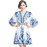 LAI MENG FIVE CATS Women's V-Neck Floral Print Lantern Sleeve Button up Belt Dress Casual Mini Dress