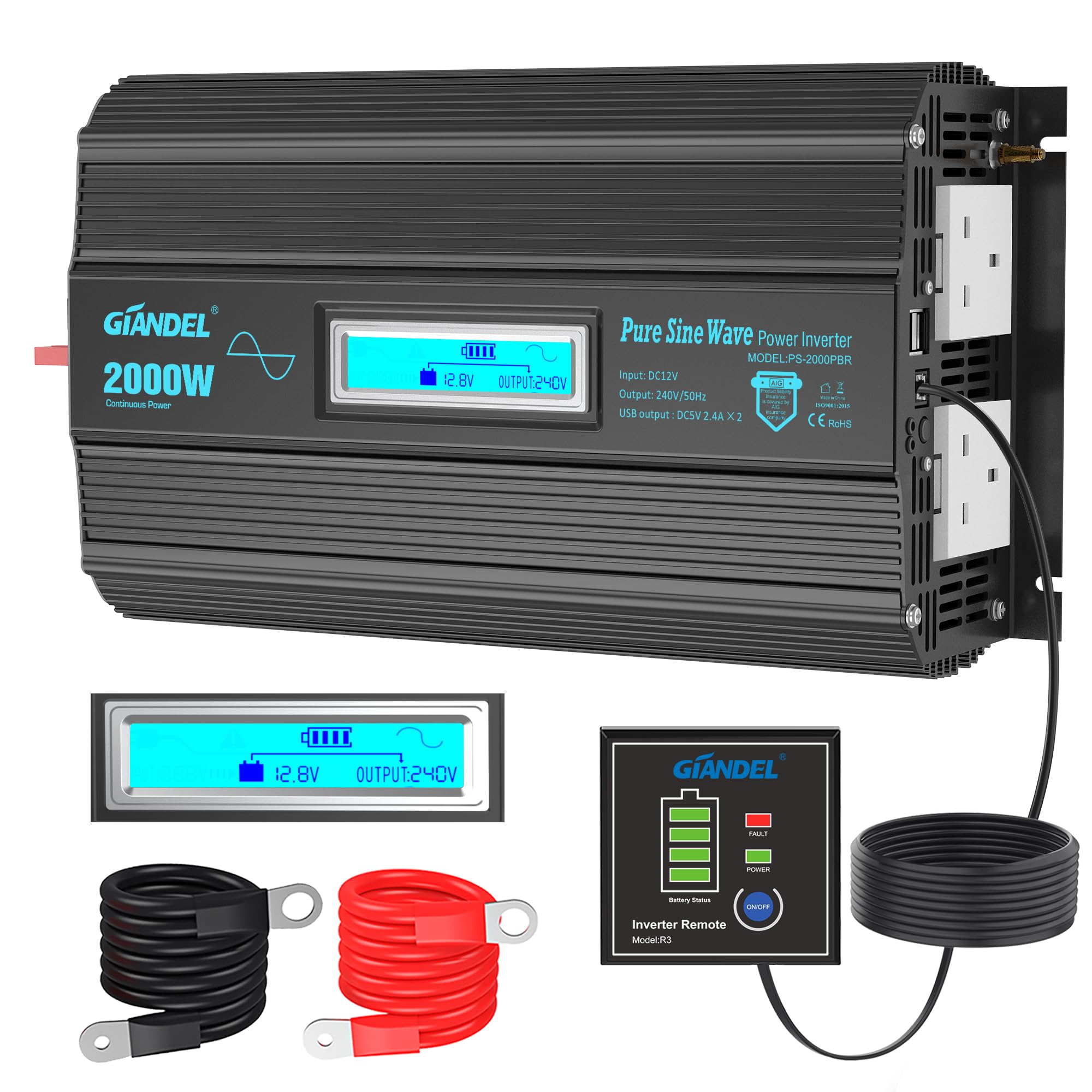 GIANDEL Pure Sine Wave 2000W Power Inverter DC 12V to AC 240V Compatible with Lithium Battery for RVs Off-Grid Solar System Boat Camper with LCD Display Dual 2.4A USB Port Remote Controller