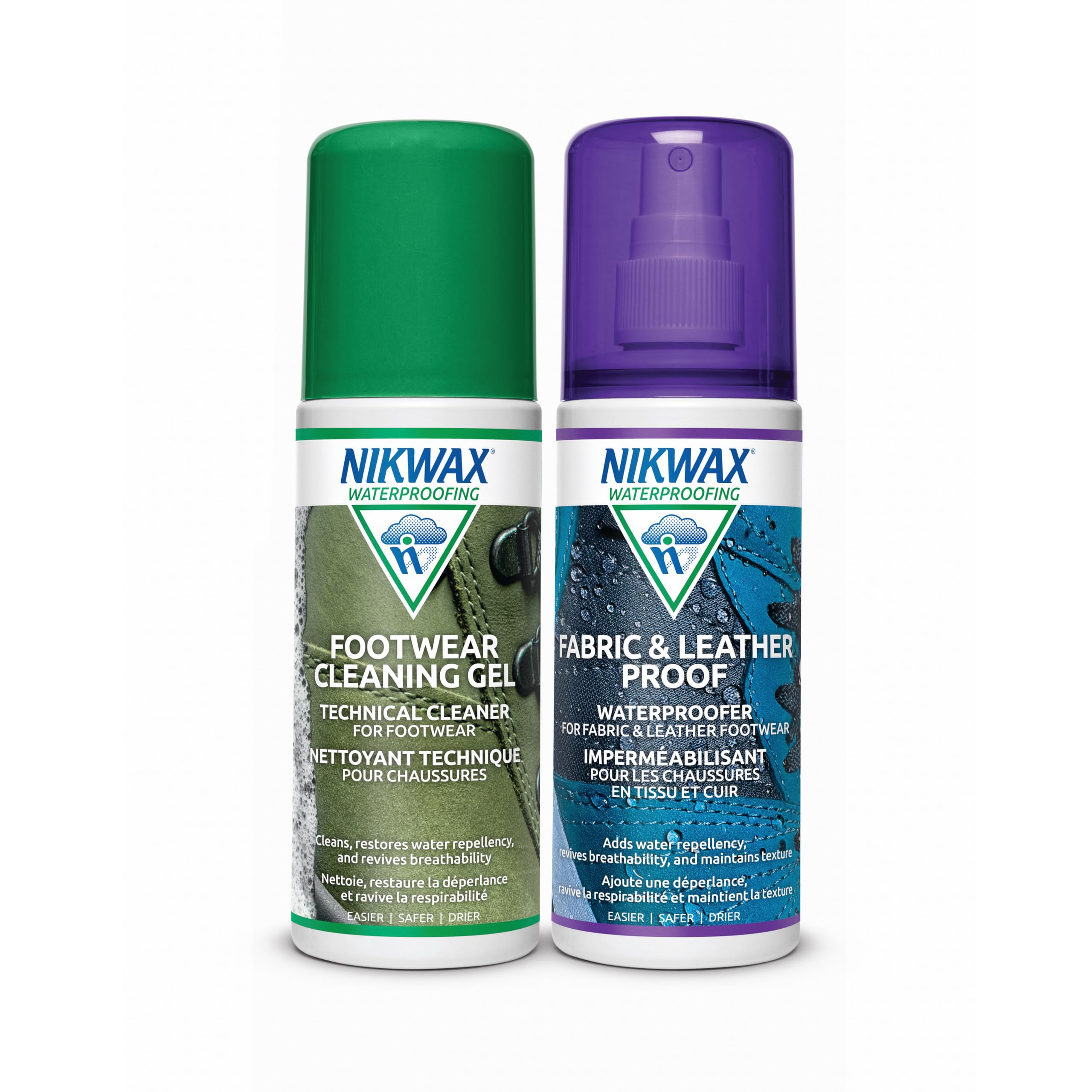 Nikwax Fabric & Leather Footwear Cleaning and Waterproofing Duo-Pack, 125ml, Spray On, Restores DWR Water Repellency, Shoe Care, Boot & Footwear Cleaner, Rain Protection, Safe for Gore-Tex