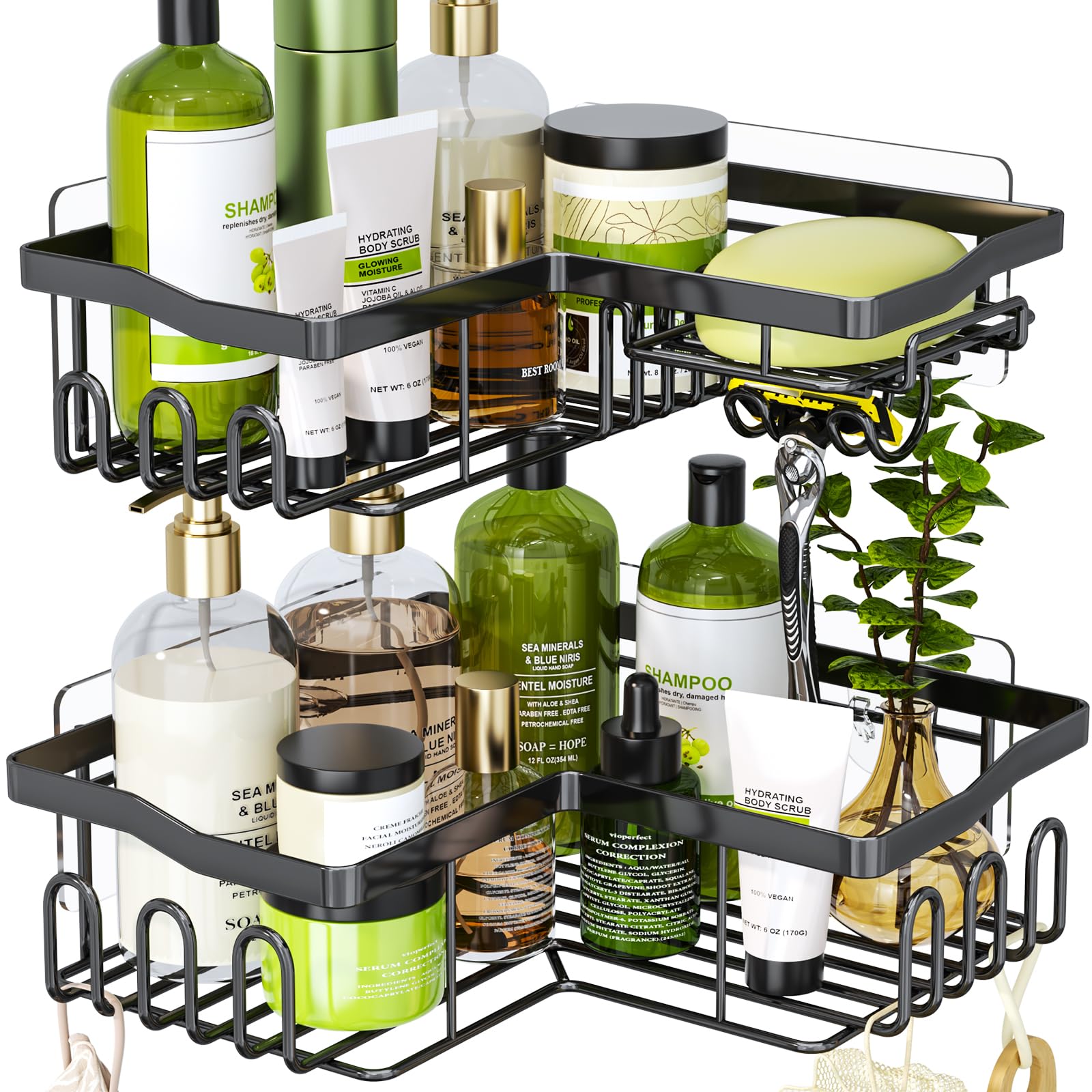 HapiRm Shower Caddy Bathroom Corner Shelves with Soap Dish Holder, Bathroom Storage with 11 Hooks for Hanging Razor, Shower Ball, Towel, Black