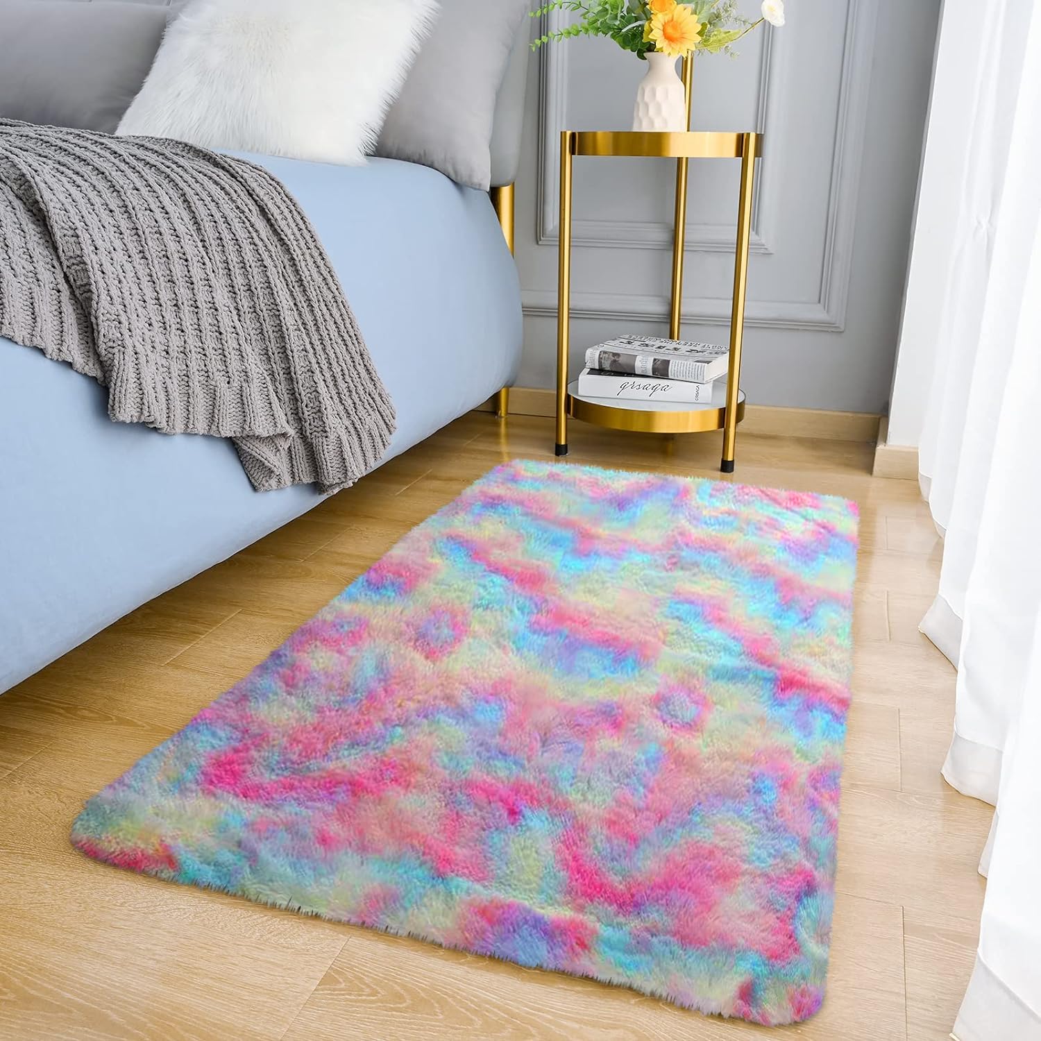 MOONLIGHT20015 Rugs Living Room Bedroom – Fluffy Shaggy Rainbow Area Rugs Non-Slip – Modern Super Soft Thick Pile Plush Carpet - Non Shedding Easy To Clean Rug, 60cm x 110cm