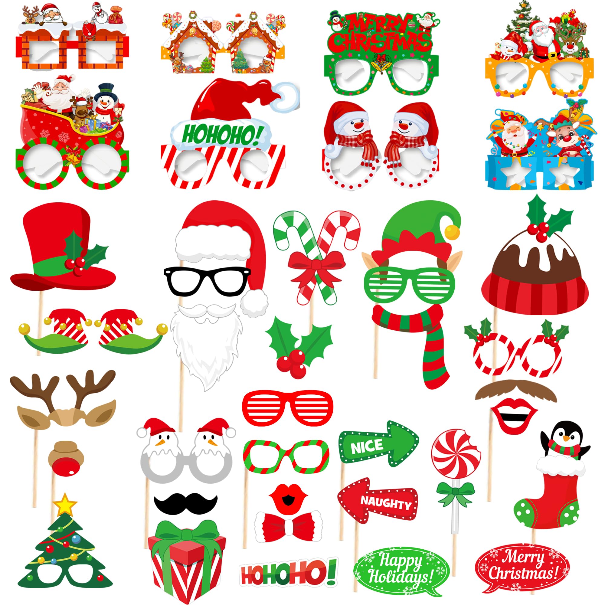 Christmas Photo Booth Props Decorations - 40Pcs Christmas Selfie Props Station Eyeglasses Backdrop for Photography Paper Glasses Party Favors for Kids Adults Party Supplies