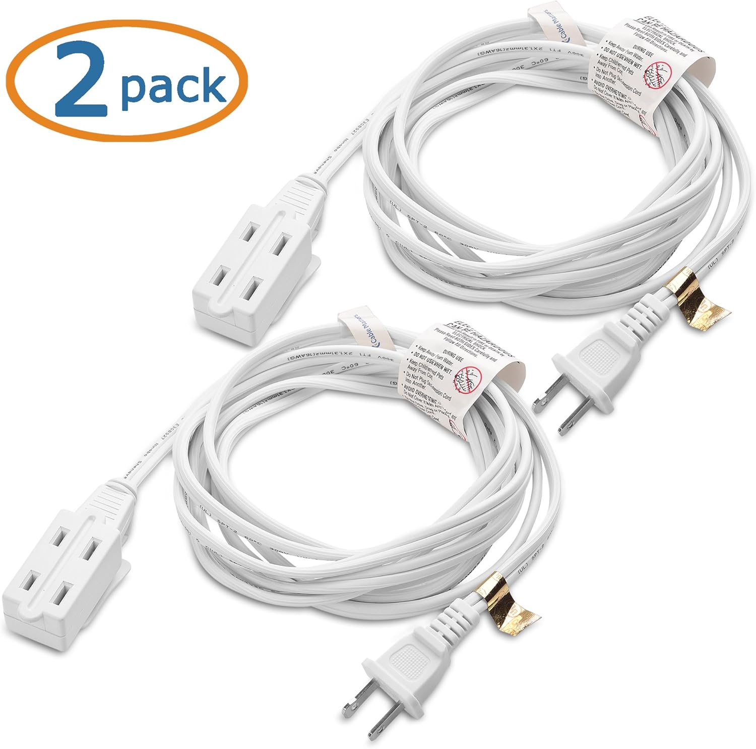 Cable Matters 2-Pack 16 AWG 2 Prong Extension Cord (3 Outlet Extension Cord) with Tamper Guard White in 6 Feet: Home Improvement