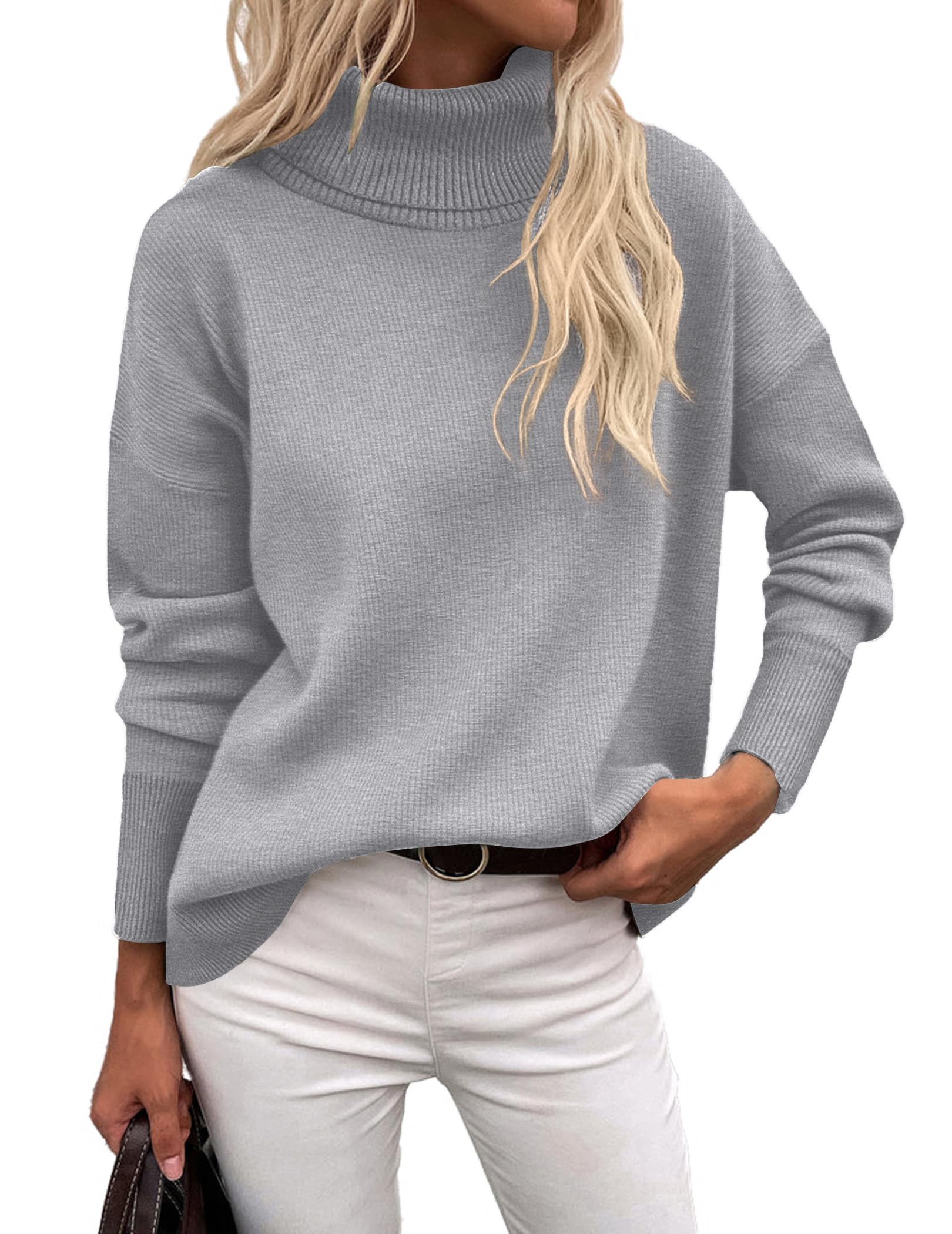 View 1 of ***(HEAVILY USED/ MINOR DAMAGE)***Zeagoo Women's Turtleneck Sweater 2026 Fall Winter Chunky Knitted Pullover High Low Hem Trendy Basic Jumper Top Grey