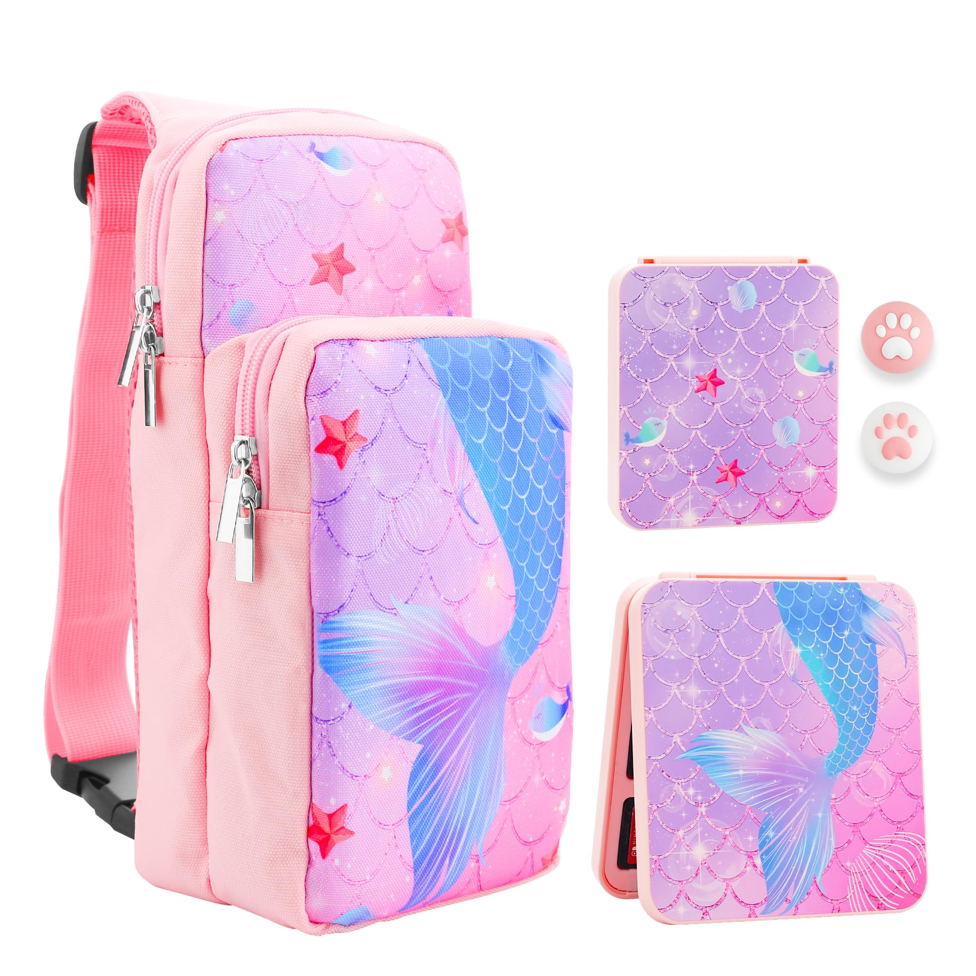 RHOTALL Pink Travel Bag for Nintendo Switch/Lite/OLED/2 ,Large Capacity Portable Carrying Case Compatible for Chest Shoulder Accessories Storage Backpack with12 Slots Game Case,Thumb Grip Caps-fish
