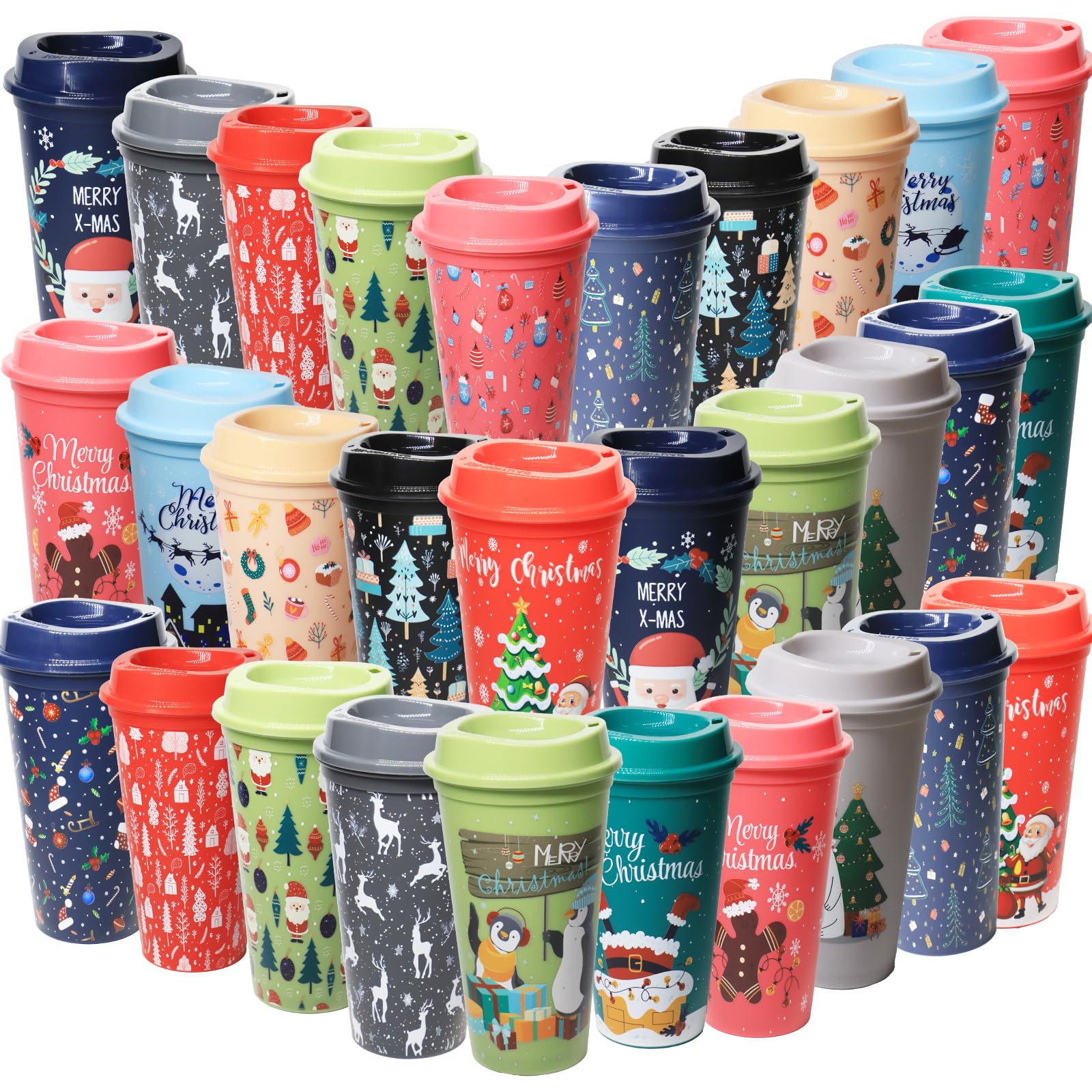 Photo 1 of 30 Pack Christmas Coffee Cups with Lids 16oz, Reusable Holiday Plastic Tumblers for Hot,Cold Drinks, Festive Xmas Coffee Mugs Gift Set for Women Teachers Friends, Winter Party Cups Supplies (Chic)