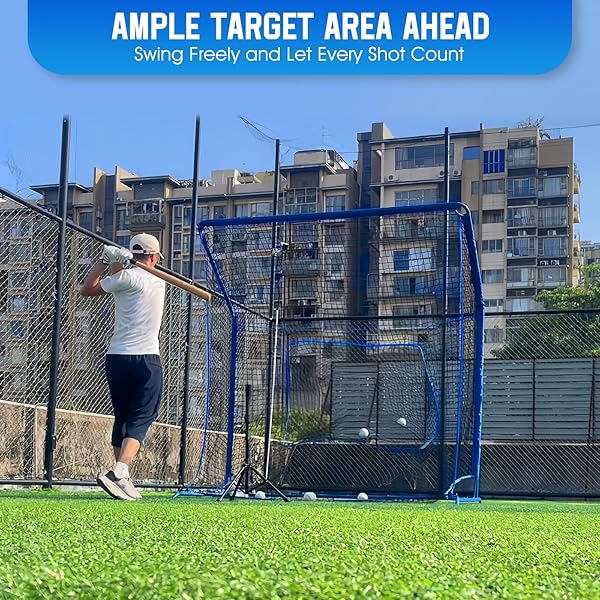 BASEBALL SOFTBALL NET WITH BLOCKING SYSTEM, 7X7FT PRACTICE CAGE FOR BATTING/PITCHING/FIELDING, METAL FRAME WITH ELEVATED BASE AND STORAGE BAG FOR BACKYARD OUTDOOR INDOOR
