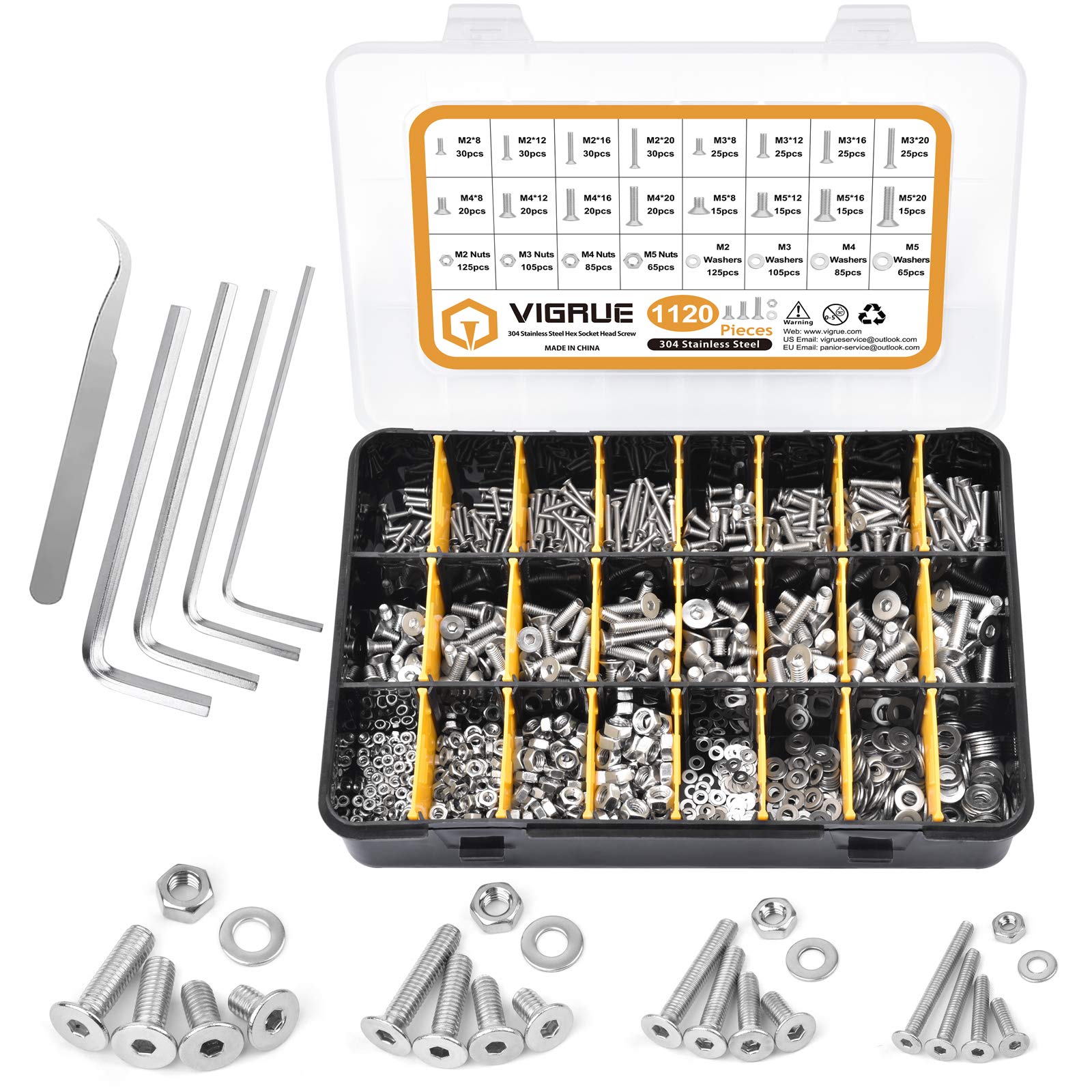 VIGRUE 1120 Pieces M2 M3 M4 M5 Countersunk Screws with Hexagon Socket Hex Flat Button Screw Set A2-70 Stainless Steel Countersunk Screws Nuts and Washers Assortment with Black Storage Case Box — image 1