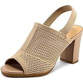 mysoft Women's Knit Peep Toe Sandals Elastic Slingback Chunky Block Heels | 3.3 Inch Heel, Knit, Open Toe, Latex Insole, Breathable, Lightweight, Comfortable, Daily Walking, Spring Summer Fall Casual
