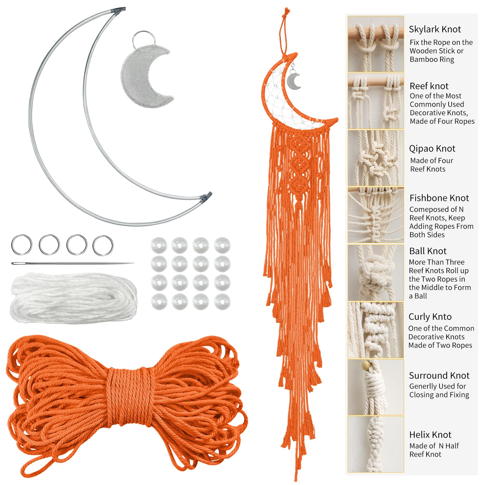 LEREATI Moon Dream Catcher Kit for Adults, DIY Macrame Kit for Beginners, Wall Hanging Tapestry Kits for Adults, Dreamcatcher Kits - 3mm Macrame Cord, Metal Hoops, Beads for Crafting (Orange)