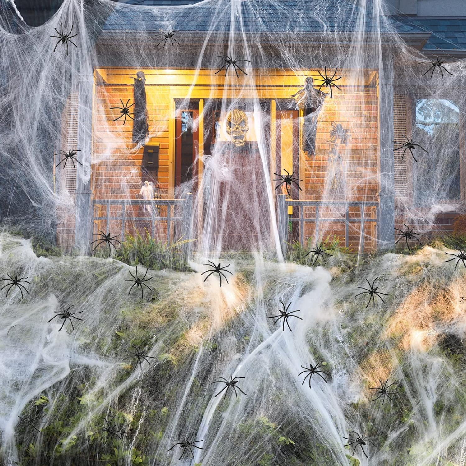 Halloween Spider Web Decoration, Spider Web Halloween Decoration with Fake Spiders Web Cobweb,Stretchable Halloween Cobwebs for Halloween Decorations (300G Spider Web With 60 20pcs Fake Spiders)