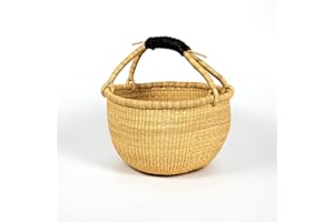 Bolga Zaare Market Basket, Handmade in Ghana by Women Artisans, Natural, SMALL, 10"-11" Diameter x 6"-7" H, BLACK HANDLE (1 basket)