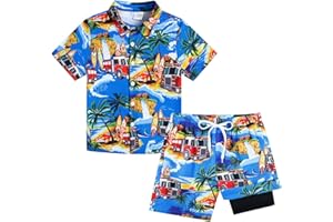 UNICOMIDEA Boys Hawaiian Outfits Tropical Print Button Down Shirt + Swim Trunks 2 Piece Sets for 5-12T Kids
