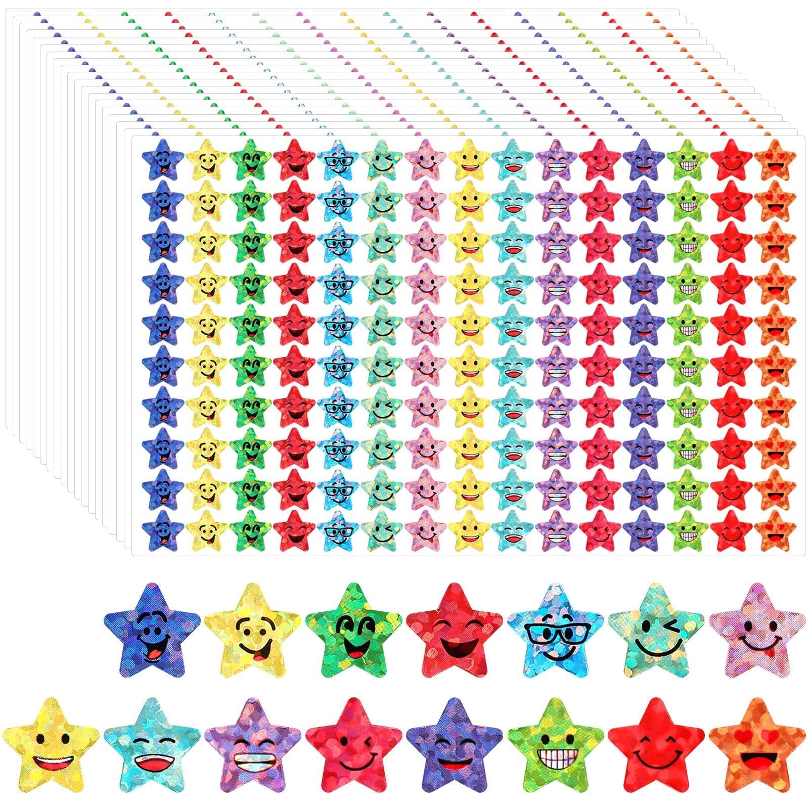 JANYUN 6750Pcs Small Star Stickers - 15 Designs Happy Smile Face for Kids Reward, Glitter Foil Labels for School Students Teacher Supplies