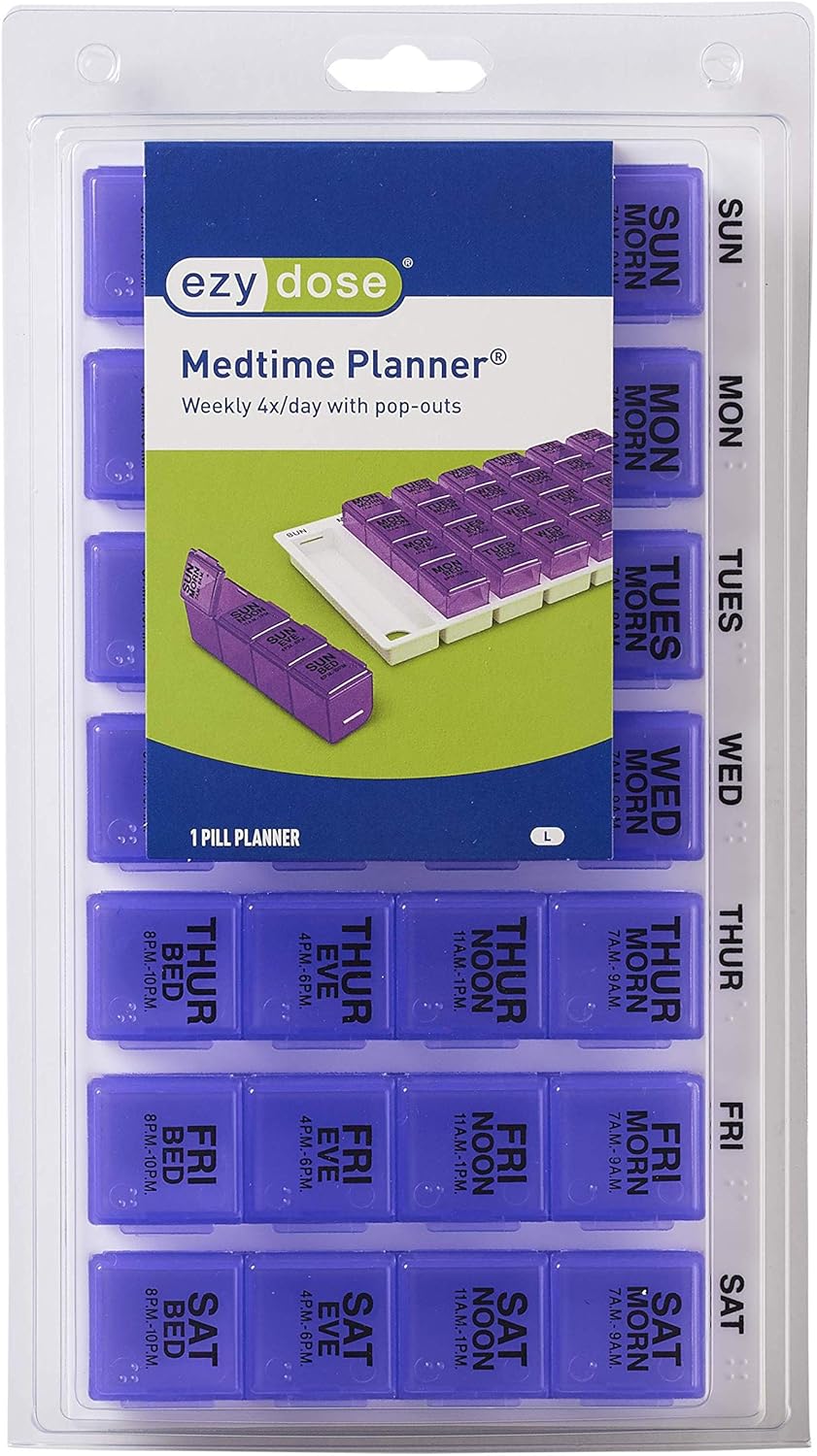 Ezy Dose Travel (7-Day) Pill, Medicine, Vitamin Organizer Box | Weekly, 4 Times a Day, AM PM | Large Removable Compartments | Assorted Colored Lids: Health & Personal Care