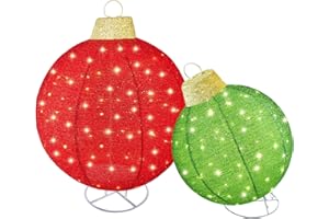 HOYECHI 2pc Lighted Pop-Up Outdoor Christmas Ornament Set – Holiday Ball Decorations with 200 LED Lights, 8 Lighting Modes, for Yard & Outdoor Christmas Decor - Red/Green